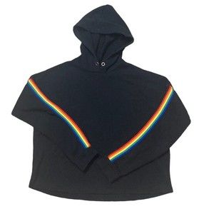 Justify Rainbow cropped Hoodie Black Rainbow Stripe long Sleeve Large Women